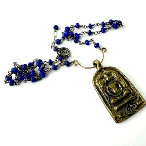 Vintage Sitting Buddha Pendant Necklace, Lapis Lazuli Wire Wrapped Necklace